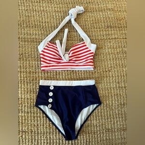 Red and White Striped Bikini Top with Navy High-Waisted Bottoms size Small NWOT